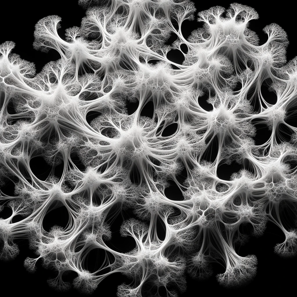 DALL·E 2024-02-08 21.50.58 - Visualize an organic network with no distinct nodes, composed entirely of intricate, interconnected white fibers against a black background. These fib.webp